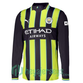 Manchester City Away Soccer Jerseys Long Sleeve Green Black 2024/2025