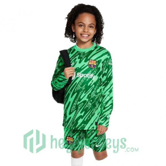 FC Barcelona Kids Goalkeeper Soccer Jerseys Long Sleeve Spotify Green 2024/2025