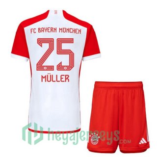 Bayern Munich (Müller 25) Kids Soccer Jerseys Home White Red 2023/2024