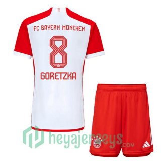 Bayern Munich (Goretzka 8) Kids Soccer Jerseys Home White Red 2023/2024
