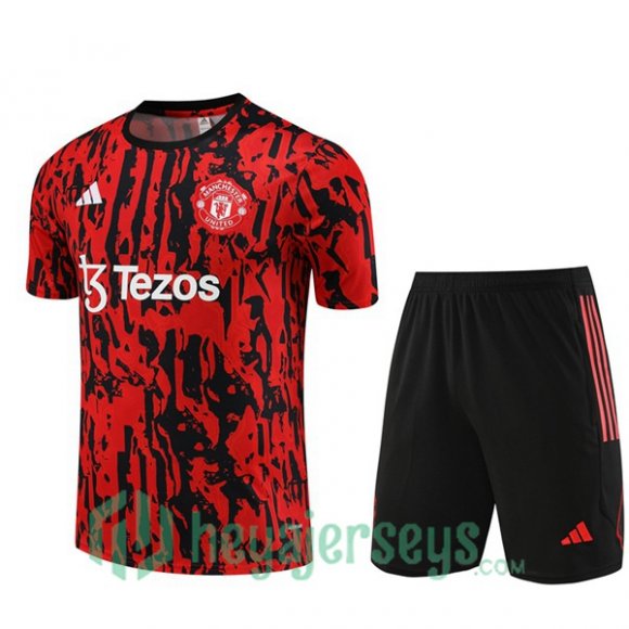 Manchester United Training T Shirt + Shorts Black Red 2023/2024