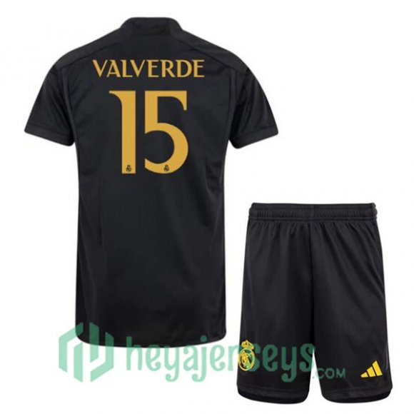Real Madrid (Valverde 15) Kids Soccer Jerseys Third Black 2023/2024