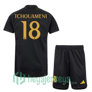 Real Madrid (Tchouameni 18) Kids Soccer Jerseys Third Black 2023/2024