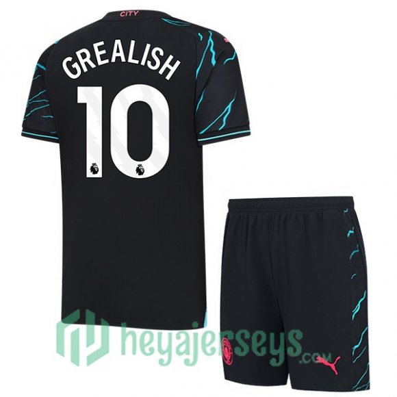 Manchester City (Jack Grealish 10) Kids Soccer Jerseys Third Blue Black 2023/2024