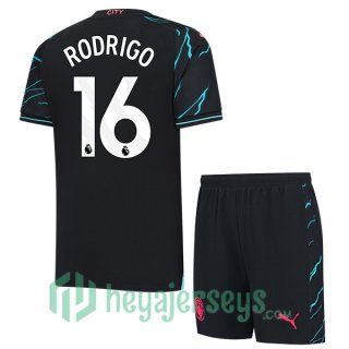 Manchester City (Rodrigo 16) Kids Soccer Jerseys Third Blue Black 2023/2024