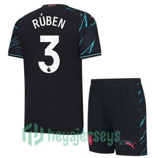 Manchester City (Ruben Dias 3) Kids Soccer Jerseys Third Blue Black 2023/2024