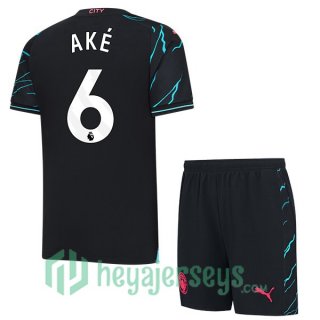 Manchester City (Nathan Ake 6) Kids Soccer Jerseys Third Blue Black 2023/2024