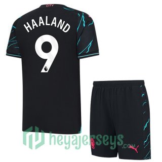Manchester City (Erling Haaland 9) Kids Soccer Jerseys Third Blue Black 2023/2024