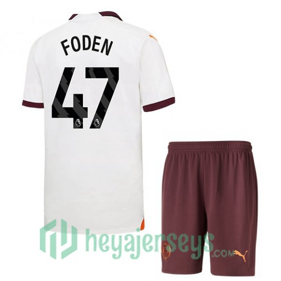 Manchester City (Phil Foden 47) Kids Soccer Jerseys Away White 2023/2024