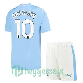Manchester City (Jack Grealish 10) Kids Soccer Jerseys Home Blue 2023/2024