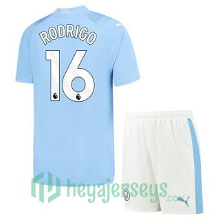 Manchester City (Rodrigo 16) Kids Soccer Jerseys Home Blue 2023/2024