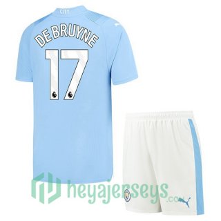 Manchester City (Kevin De Bruyne 17) Kids Soccer Jerseys Home Blue 2023/2024