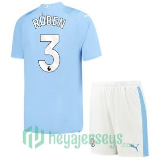 Manchester City (Ruben Dias 3) Kids Soccer Jerseys Home Blue 2023/2024