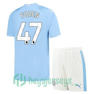 Manchester City (Phil Foden 47) Kids Soccer Jerseys Home Blue 2023/2024