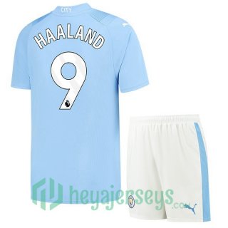 Manchester City (Erling Haaland 9) Kids Soccer Jerseys Home Blue 2023/2024
