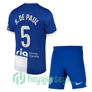 Atletico Madrid (R. De Paul 5) Kids Soccer Jerseys Away Blue 2023/2024