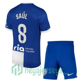 Atletico Madrid (Saúl 8) Kids Soccer Jerseys Away Blue 2023/2024
