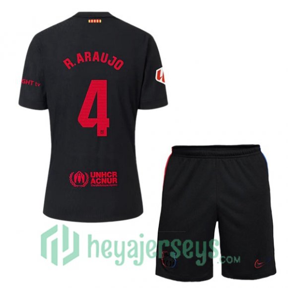 FC Barcelona (R. ARAUJO 4) Kids Away Soccer Jerseys Black 2024/2025