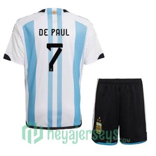 Argentina (DE PAUL 7) 3 Stars Kids Soccer Jersey Home Blue White 2022/2023