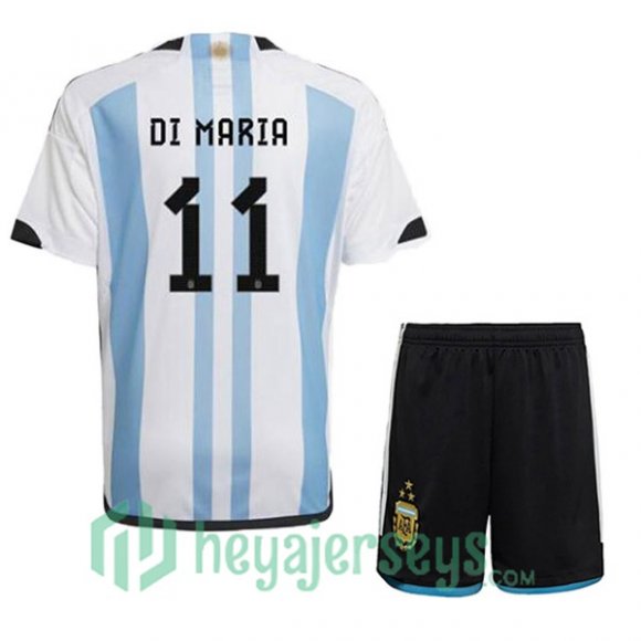 Argentina (DI MARIA 11) 3 Stars Kids Soccer Jersey Home Blue White 2022/2023