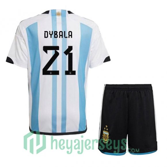 Argentina (DYBALA 21) 3 Stars Kids Soccer Jersey Home Blue White 2022/2023