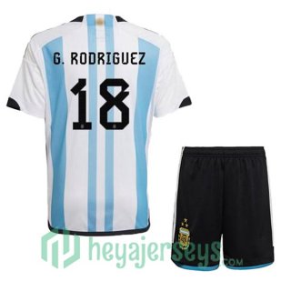 Argentina (G. RODRIGUEZ 18) 3 Stars Kids Soccer Jersey Home Blue White 2022/2023