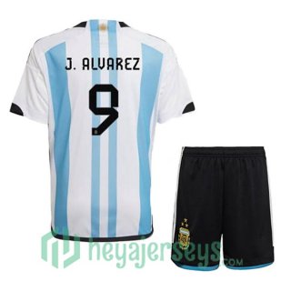 Argentina (J. ALVAREZ 9) 3 Stars Kids Soccer Jersey Home Blue White 2022/2023
