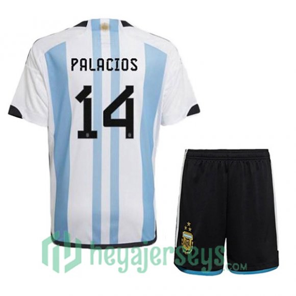 Argentina (PALACIOS 14) 3 Stars Kids Soccer Jersey Home Blue White 2022/2023