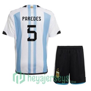 Argentina (PAREDES 5) 3 Stars Kids Soccer Jersey Home Blue White 2022/2023
