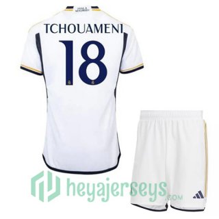 Real Madrid (Tchouameni 18) Kids Soccer Jersey Home White 2023/2024
