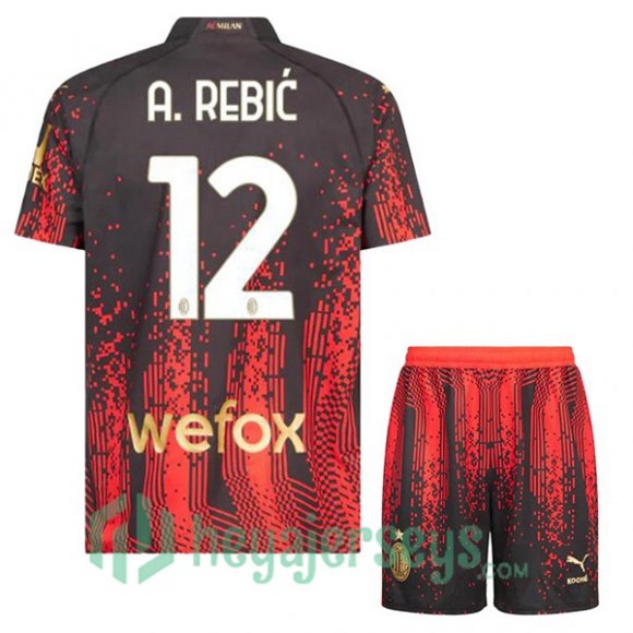 AC Milan (A. REBIĆ 12) Kids Soccer Jersey Fourth Red Black 2022/2023