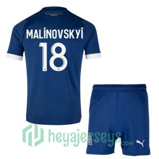 Marseille OM (MALINOVSKYI 18) Kids Soccer Jersey Away Blue 2023/2024
