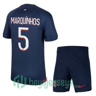 Paris PSG (Marquinhos 5) Kids Soccer Jersey Home Royal Bluee 2023/2024