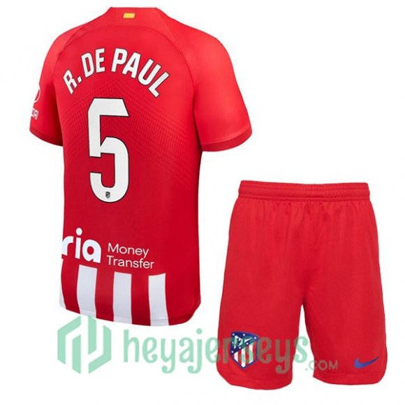 Atletico Madrid (R. De Paul 5) Kids Soccer Jersey Home Red 2023/2024
