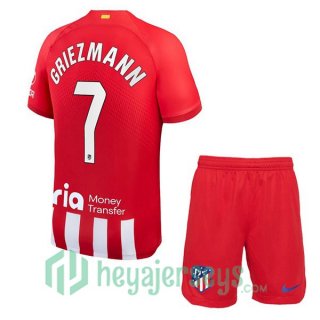 Atletico Madrid (Griezmann 7) Kids Soccer Jersey Home Red 2023/2024