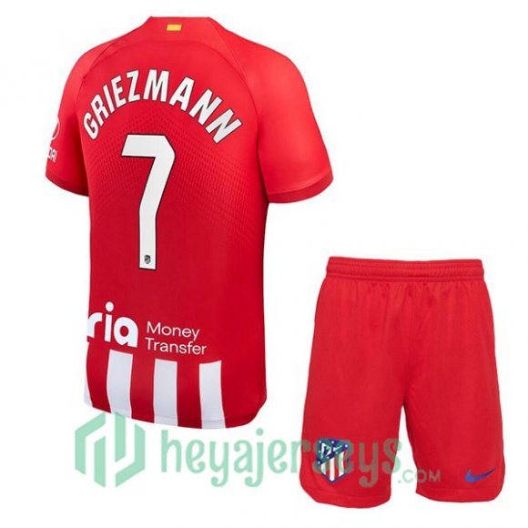 Atletico Madrid (Griezmann 7) Kids Soccer Jersey Home Red 2023/2024