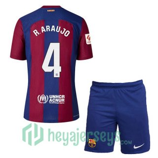 FC Barcelona (R. ARAUJO 4) Kids Soccer Jersey Home Blue Red 2023/2024