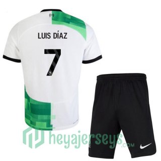 FC Liverpool (LUIS DÍAZ 7) Kids Soccer Jersey Away White Green 2023/2024