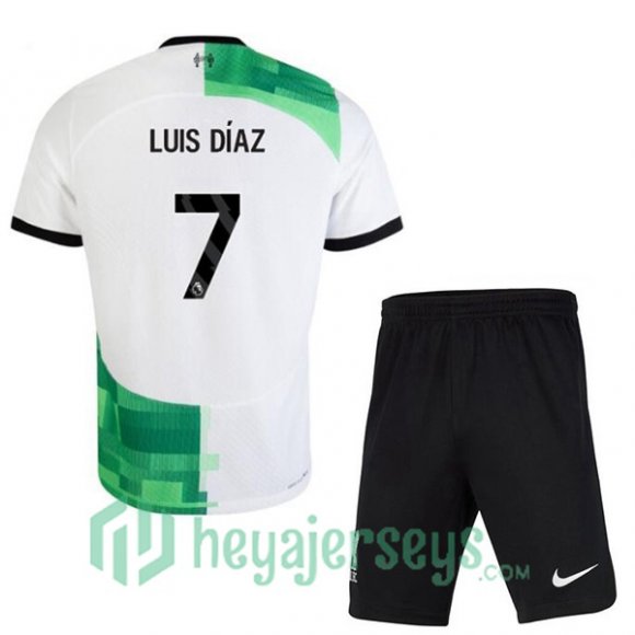 FC Liverpool (LUIS DÍAZ 7) Kids Soccer Jersey Away White Green 2023/2024